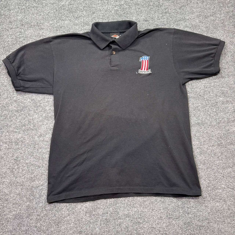 Harley Davidson Polo Shirt Mens L Black USA Flag 1 Logo Short Sleeve Embroidered